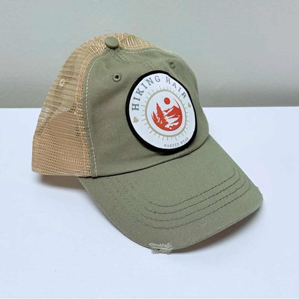 New! Women’s Trucker Cap with Hiking Hair Patch on Front, Organic Cotton